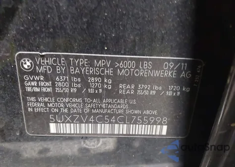 2012 BMW X5 xDrive35I/xDrive35I Premium/xDrive35I Sport Activity z USA, uszkodzony, nr VIN 5UXZV4C54CL755998